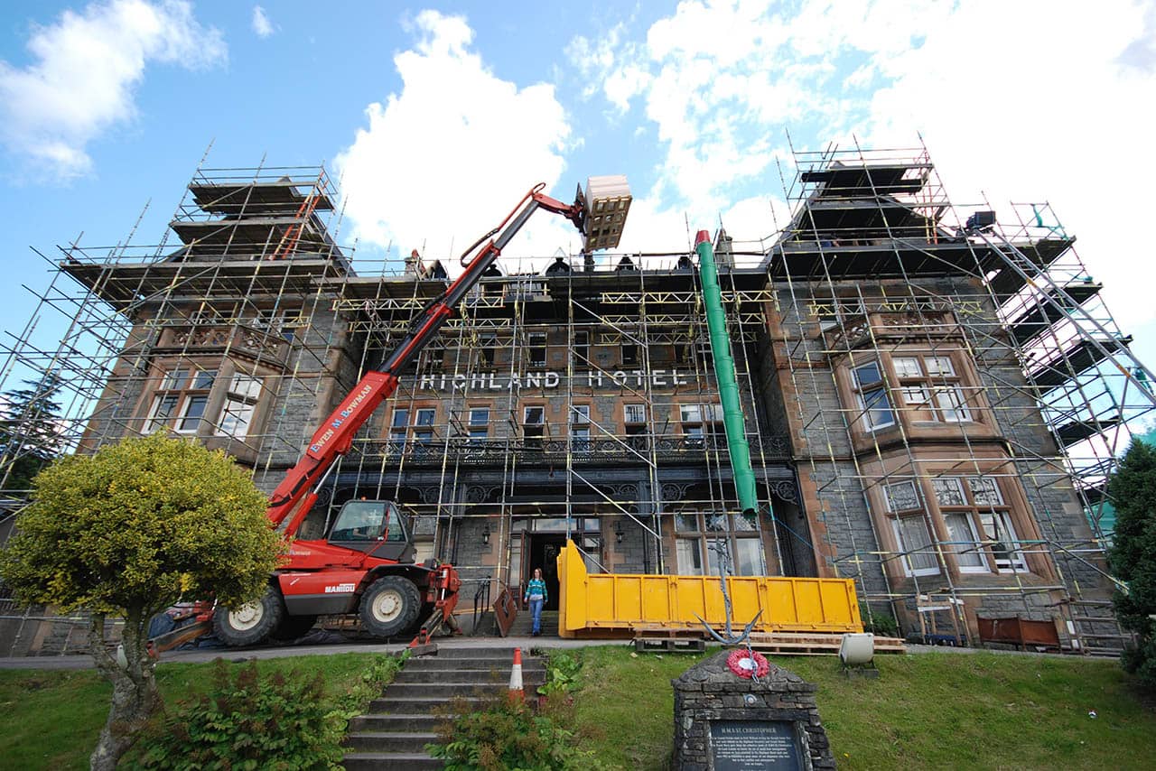 Photograph of construction refurbishment on the Highland Hotel in Fort William.