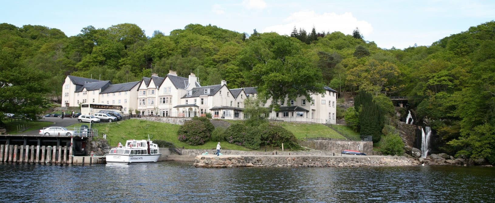 The pier at Inversnaid hotel ready for visitors to disemark the cruise boat.