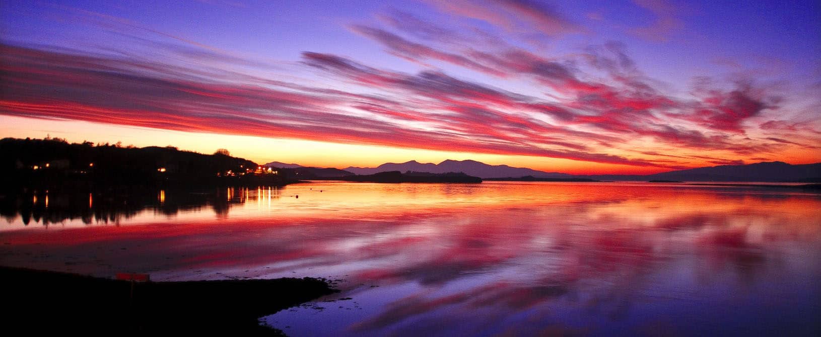 The glorius sunset from the seven story high viewing gallery atop the new £60m Loch Lomond Shores development at the southern end of Loch Lomond.