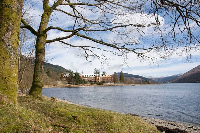 A distance view of the construction of the Ardgartan Hotel