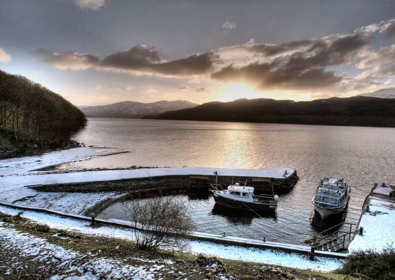 Inversniad harbour covered in a sheet of snow