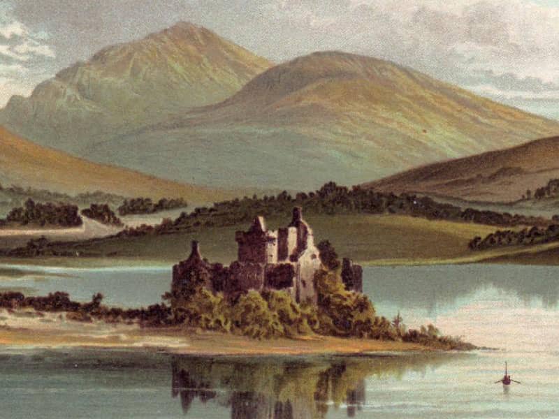 An old photograph of a painting of Kilchurn Castle